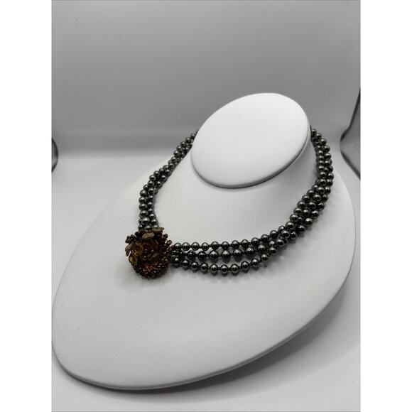 Vintage Eugene Triple Strand Faux Bk Pearl Necklace w/ Rhinestone Flower Pendant - Picture 2 of 10